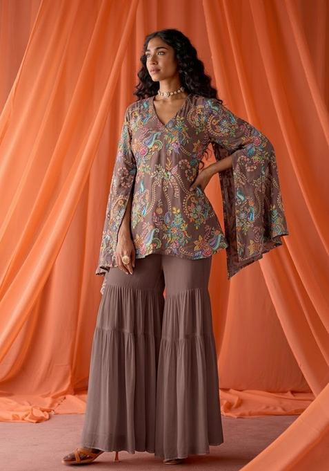 Mocha Brown Embroidered Crepe Sharara Set