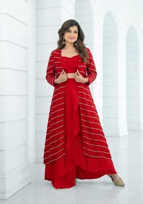 Crimson Red Embroidered Organza Fusion Set