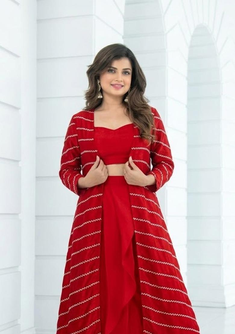 Crimson Red Embroidered Organza Fusion Set - Indya