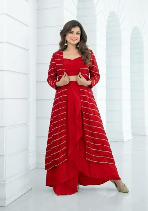Crimson Red Embroidered Organza Fusion Set
