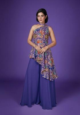 Royal Purple Printed Crepe Fusion Set