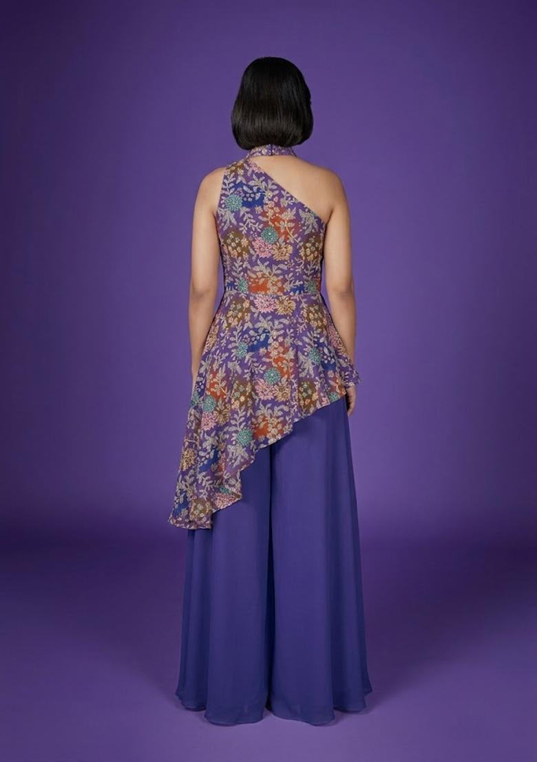 Royal Purple Printed Crepe Fusion Set - Indya