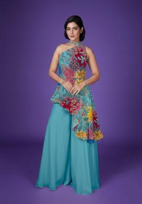 Turquoise Blue Printed Crepe Fusion Set