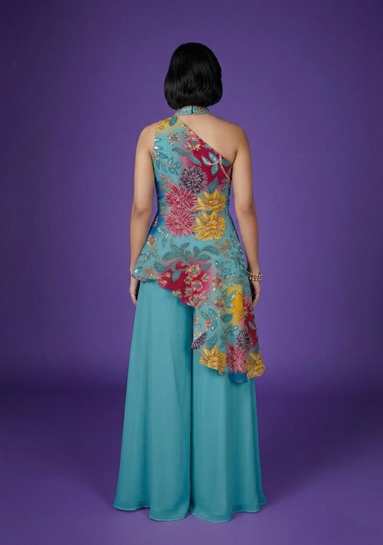 Turquoise Blue Printed Crepe Fusion Set - Indya