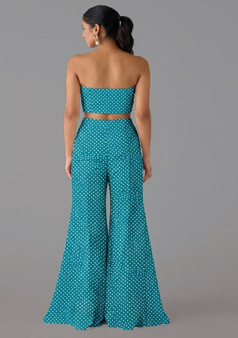Teal Green Printed Crepe Fusion Set - Indya