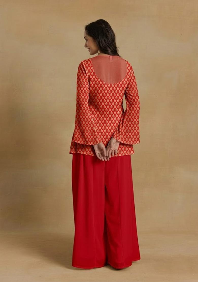 Crimson Red Brocade Fusion Set - Indya