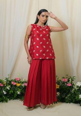 Ruby Red Brocade Sharara Set