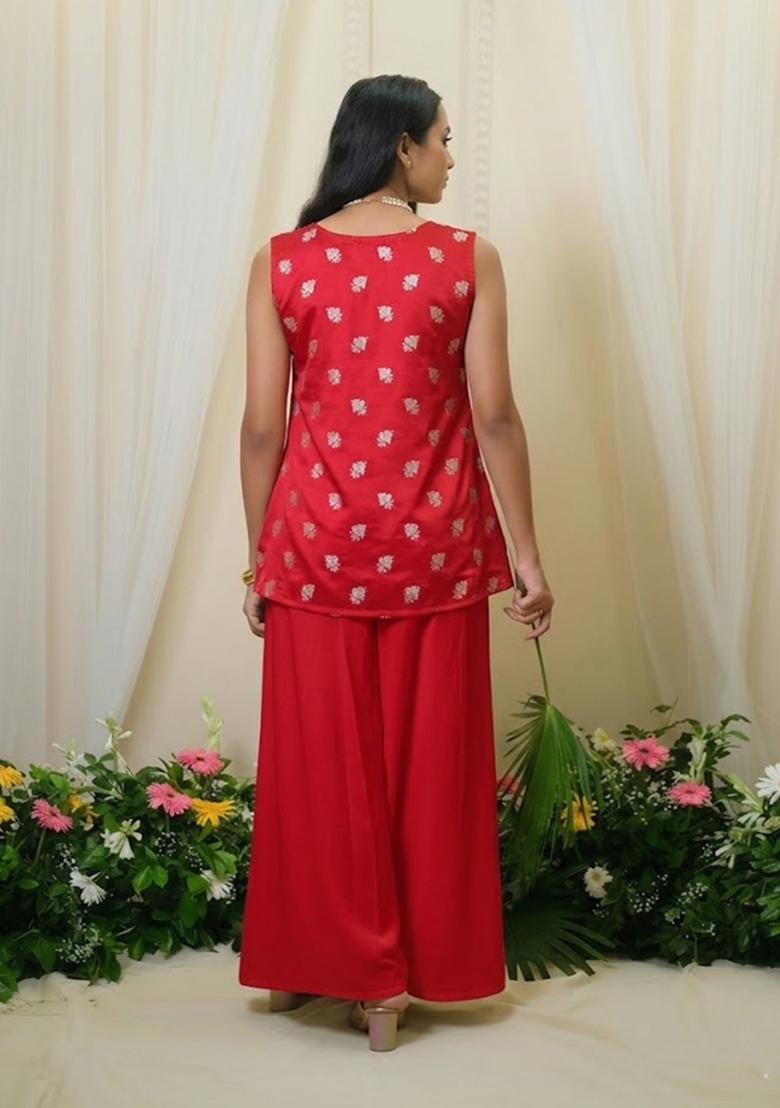 Ruby Red Brocade Sharara Set - Indya