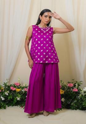 Magenta Purple Brocade Sharara Set