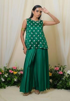 Bottle Green Brocade Sharara Set