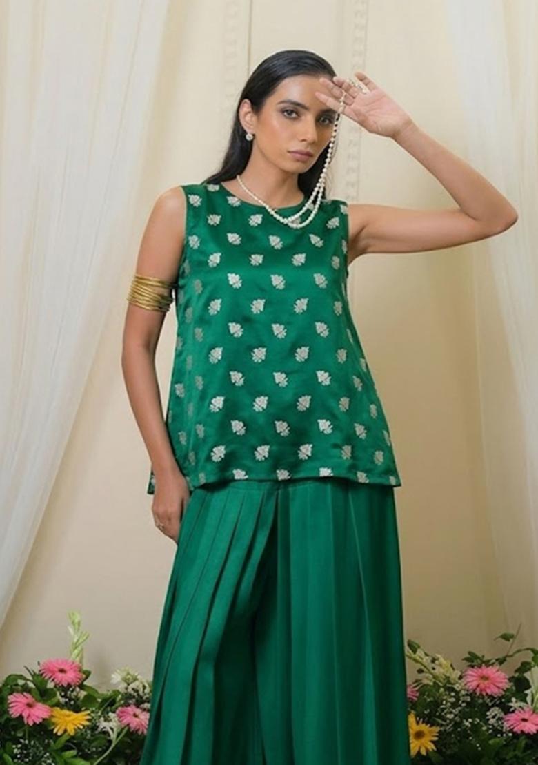 Bottle Green Brocade Sharara Set - Indya