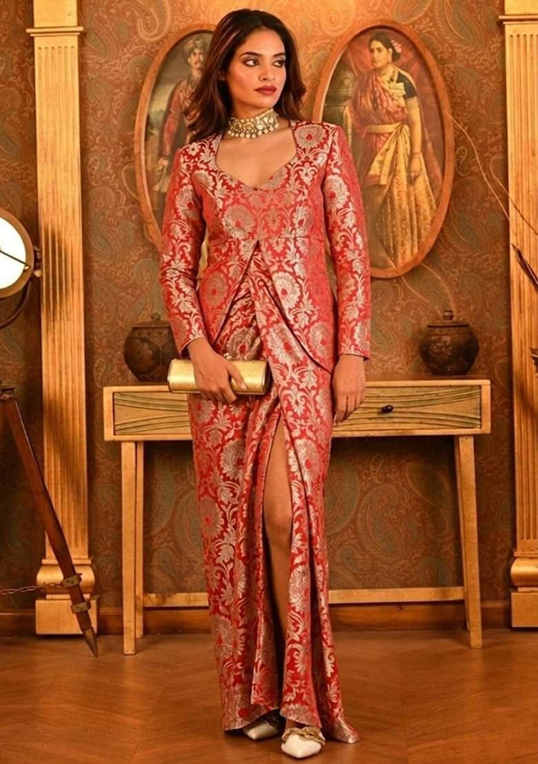 Peach Brocade Fusion Set - Indya