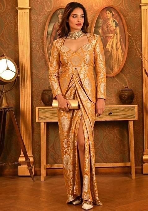 Mustard Yellow Brocade Fusion Set