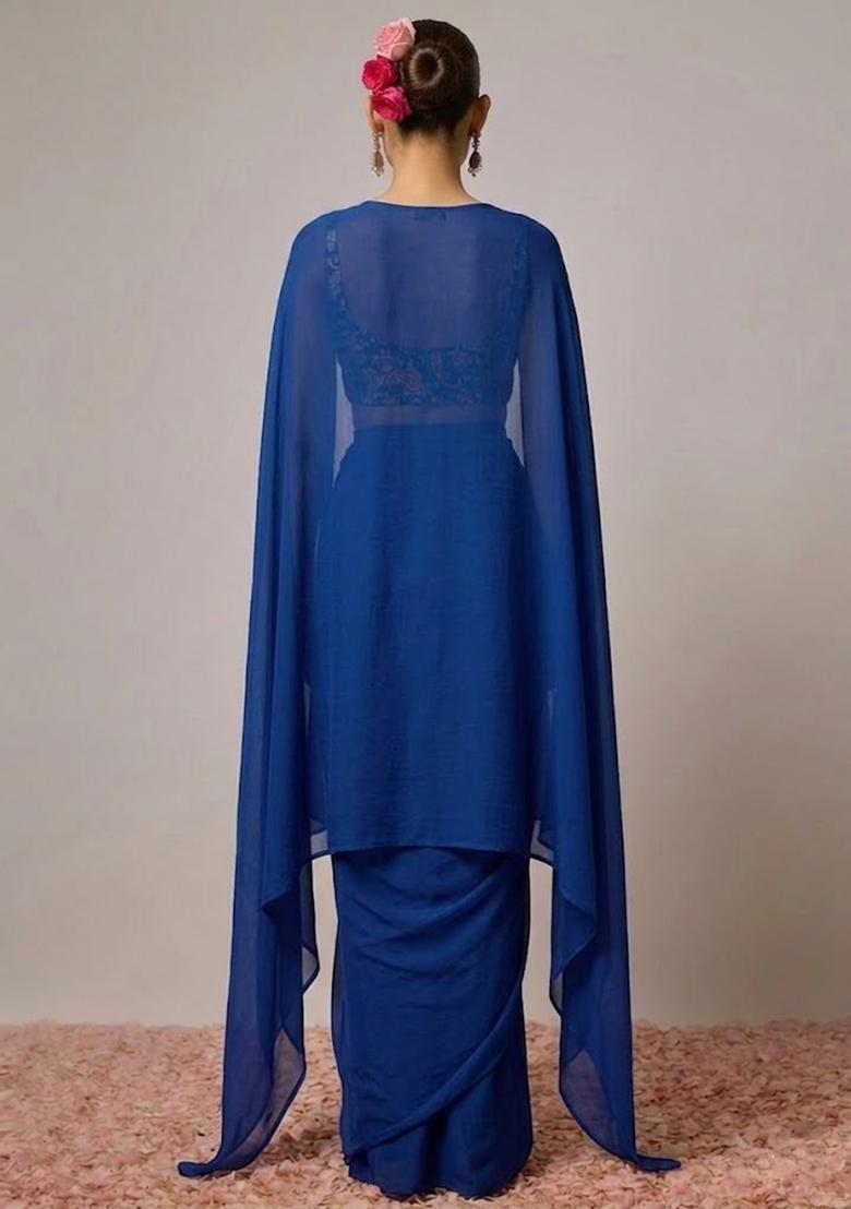 Royal Blue Sequin Crepe Fusion Set - Indya