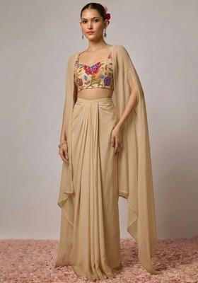 Sand Beige Printed Crepe Fusion Set