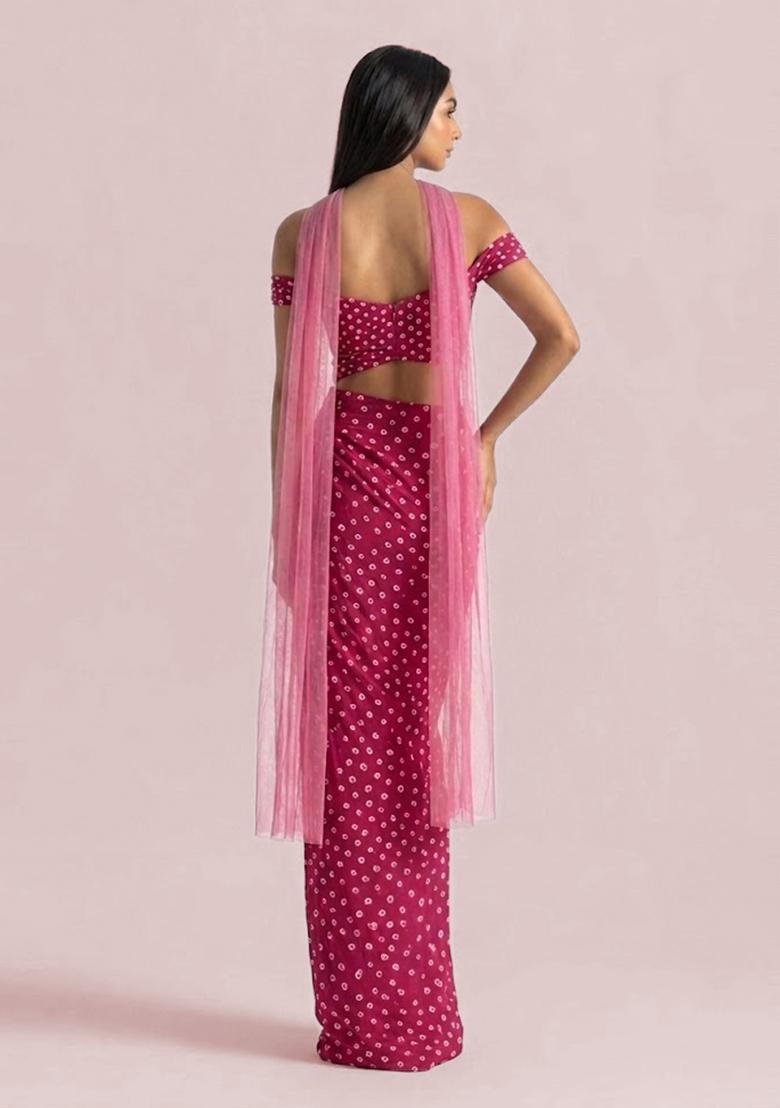 Fuchsia Pink Printed Crepe Fusion Set - Indya