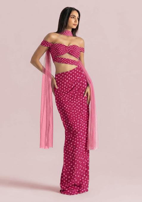 Fuchsia Pink Printed Crepe Fusion Set