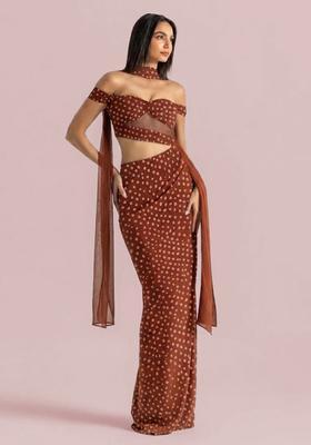 Brown Printed Crepe Fusion Set