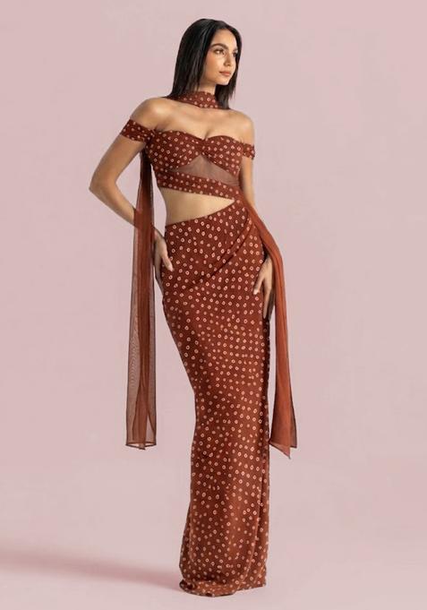 Brown Printed Crepe Fusion Set