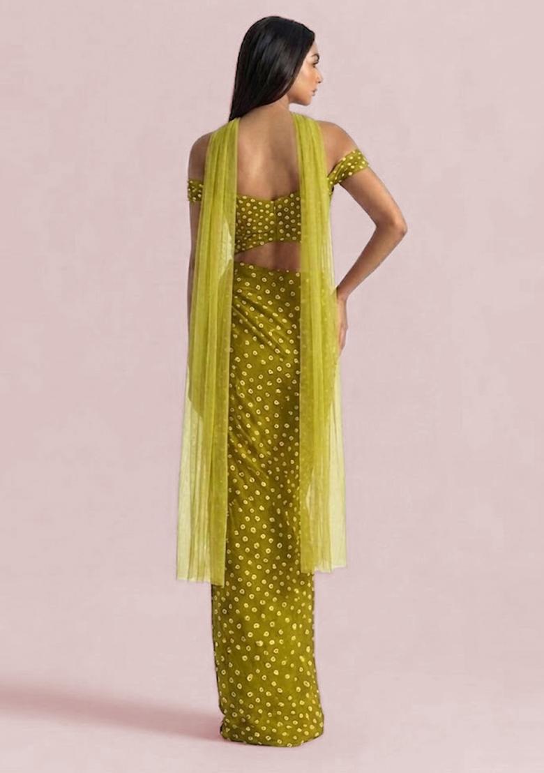 Olive Green Printed Crepe Fusion Set - Indya