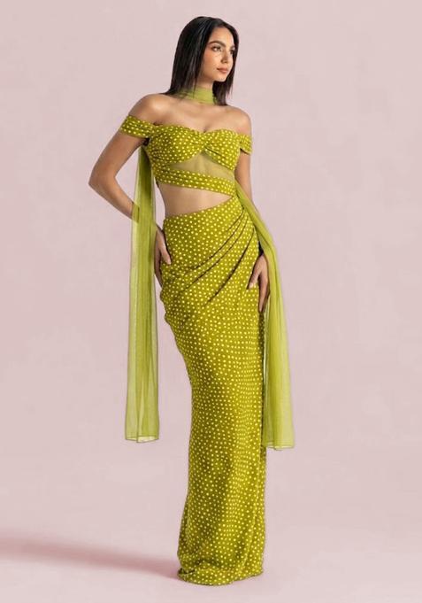 Olive Green Printed Crepe Fusion Set