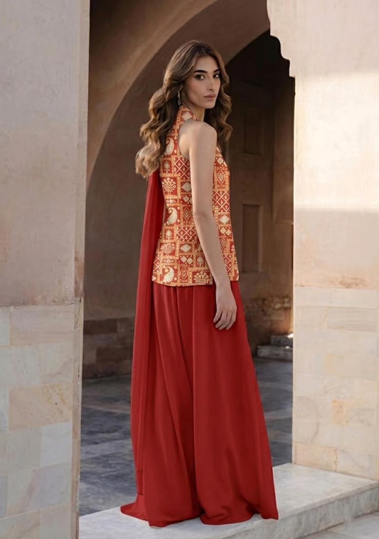 Red Printed Fusion Set - Indya
