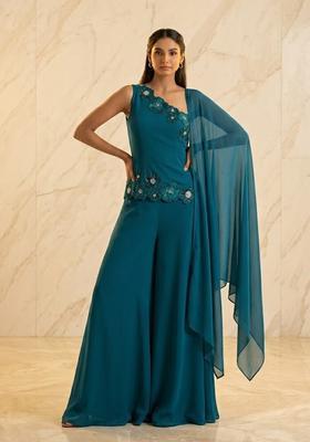 Teal Blue Embroidered Handwork Sharara Set