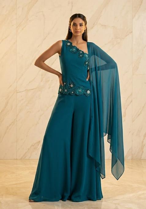 Teal Blue Embroidered Handwork Sharara Set