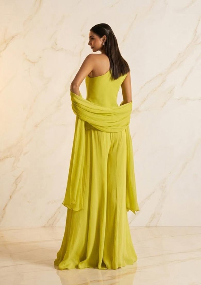 Lime Green Embroidered Handwork Sharara Set - Indya