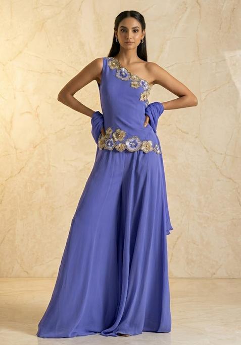 Blue Embroidered Handwork Sharara Set