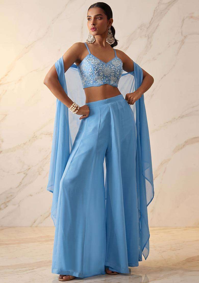 Sky Blue Embroidered Handwork Fusion Set - Indya