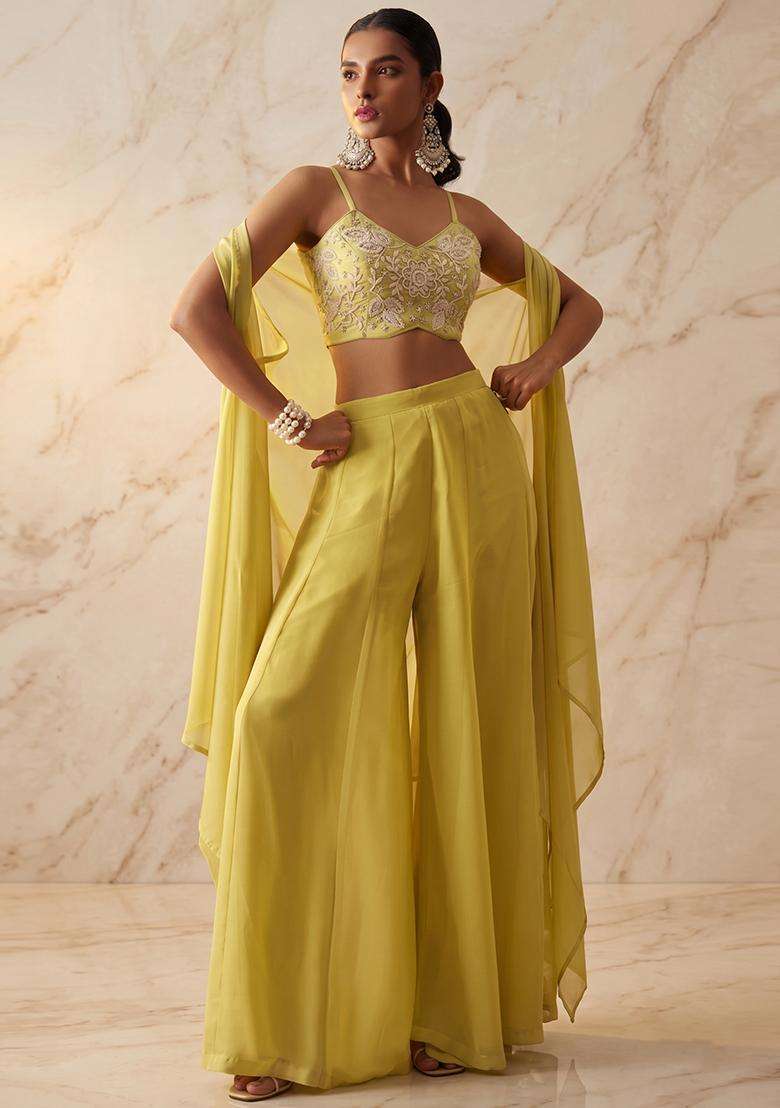 Lime Green Embroidered Handwork Fusion Set - Indya