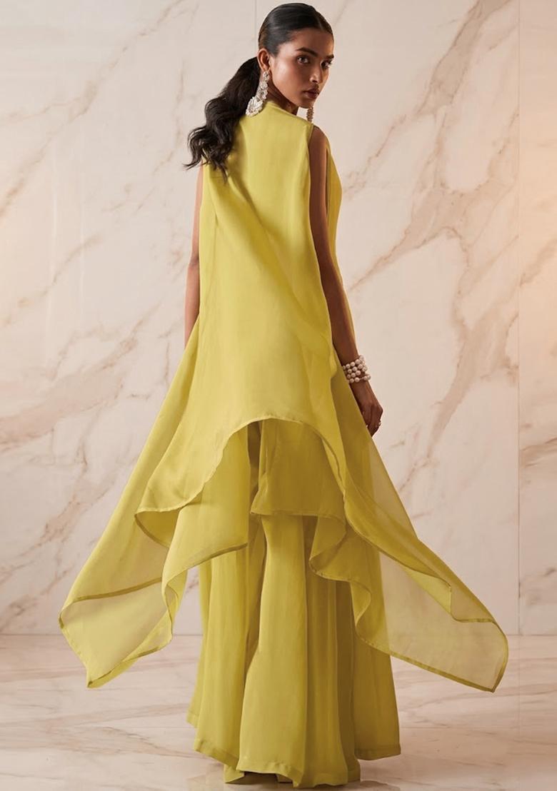 Lime Green Embroidered Handwork Fusion Set - Indya