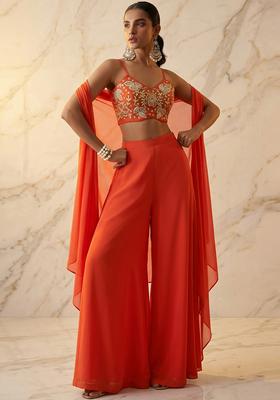 Orange Embroidered Handwork Fusion Set