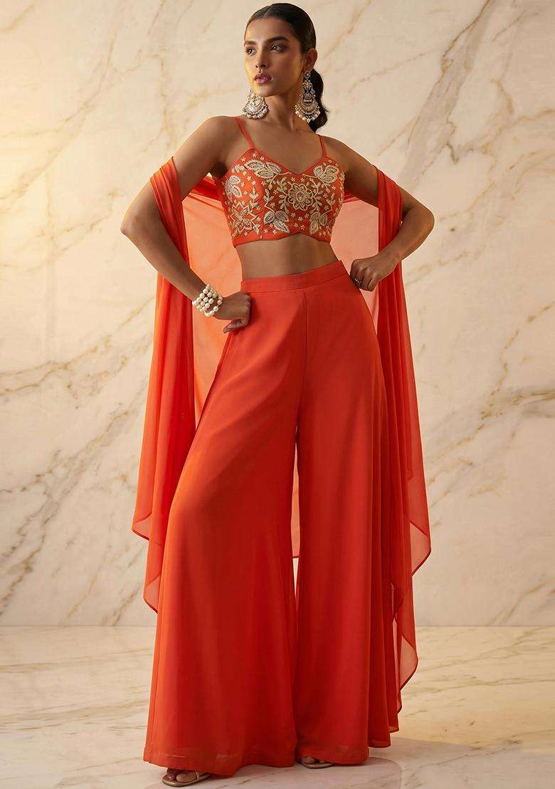 Orange Embroidered Handwork Fusion Set - Indya