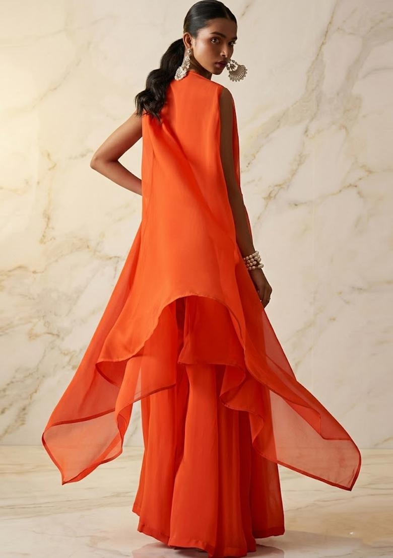 Orange Embroidered Handwork Fusion Set - Indya