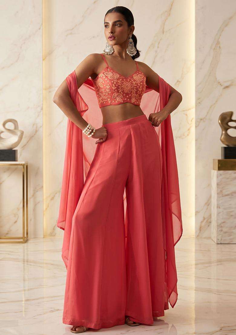 Pink Embroidered Handwork Fusion Set - Indya