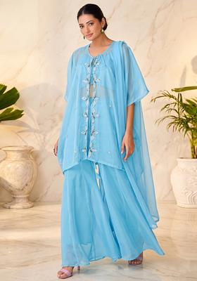 Sky Blue Embroidered Handwork Fusion Set