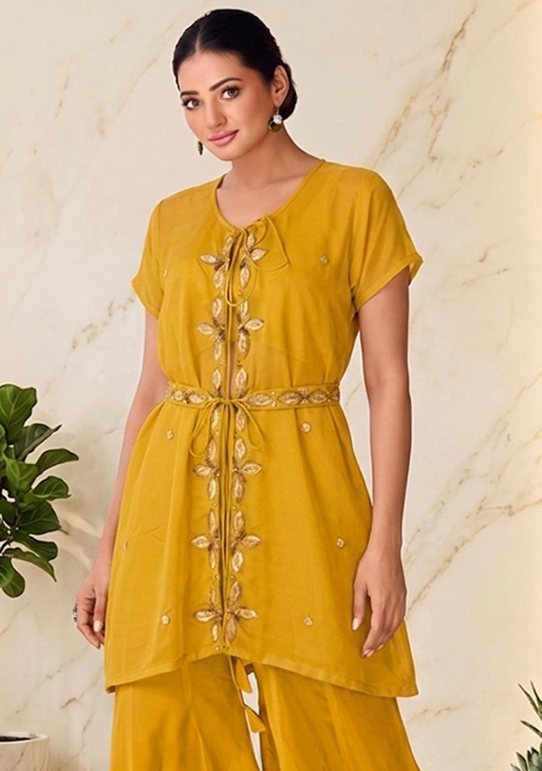 Yellow Embroidered Handwork Fusion Set - Indya