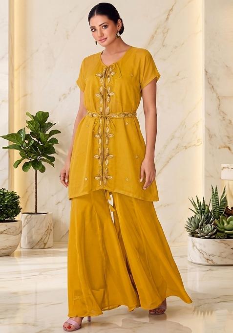 Yellow Embroidered Handwork Fusion Set