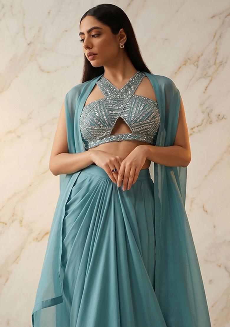 Teal Blue Embroidered Handwork Pre Draped Saree Set - Indya
