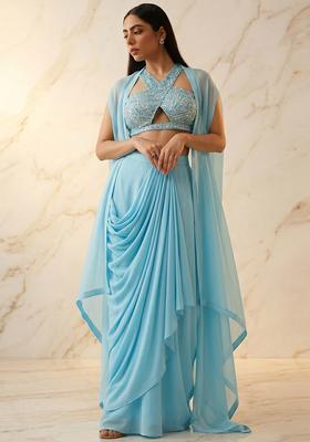 Sky Blue Embroidered Handwork Pre Draped Saree Set