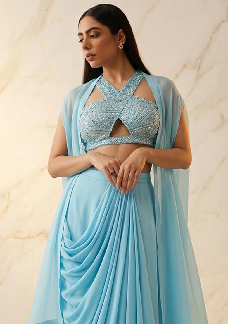 Sky Blue Embroidered Handwork Pre Draped Saree Set - Indya