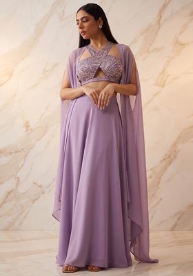 Lavender Embroidered Handwork Pre Draped Saree Set