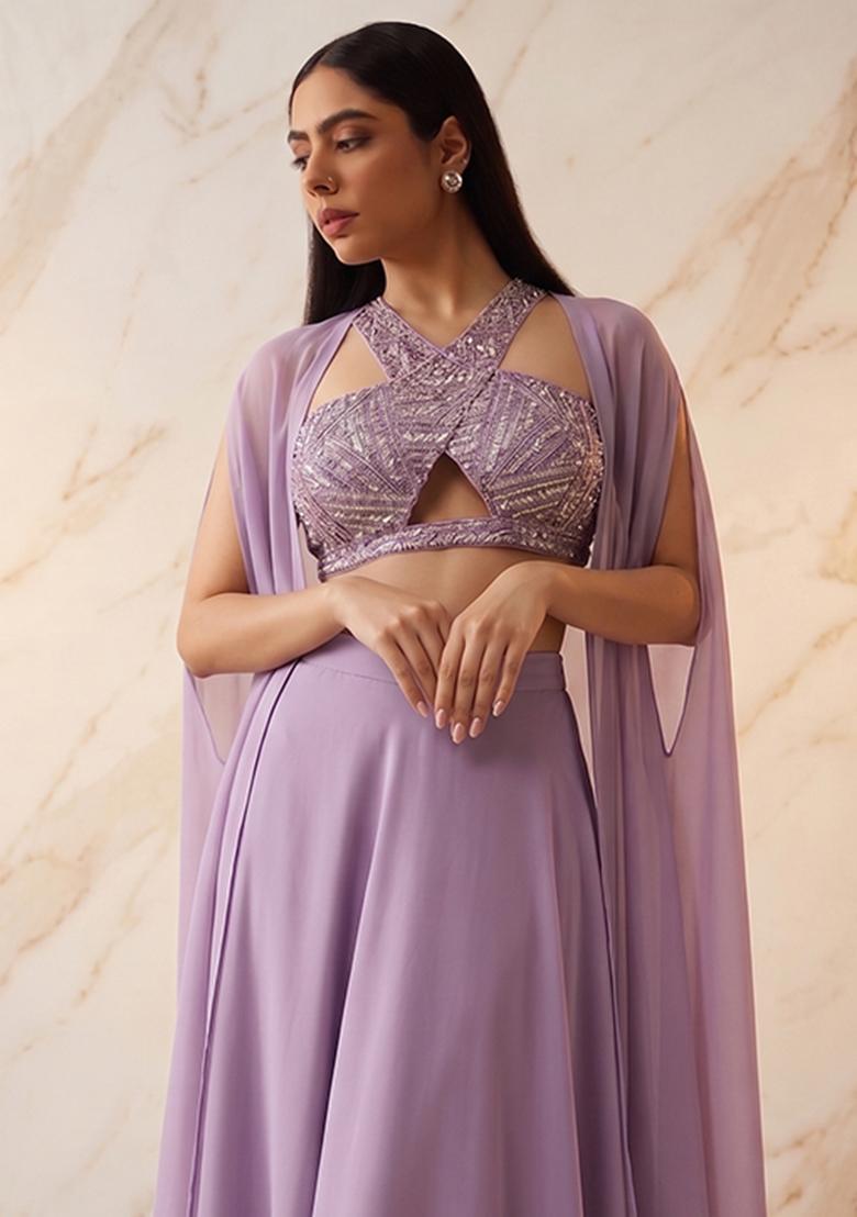 Lavender Embroidered Handwork Pre Draped Saree Set - Indya