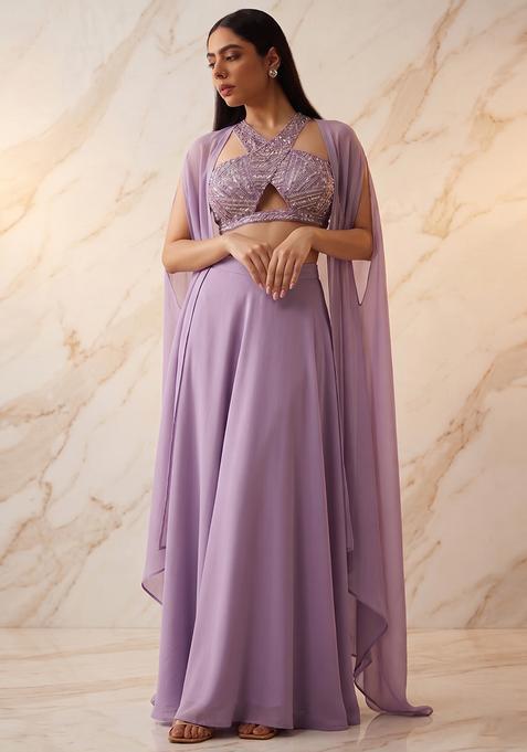 Lavender Embroidered Handwork Pre Draped Saree Set