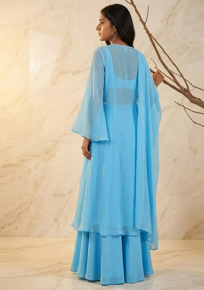 Sky Blue Embroidered Handwork Fusion Set - Indya