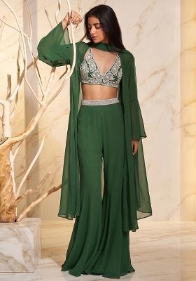 Dark Green Embroidered Handwork Fusion Set