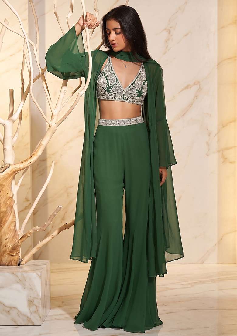 Dark Green Embroidered Handwork Fusion Set - Indya