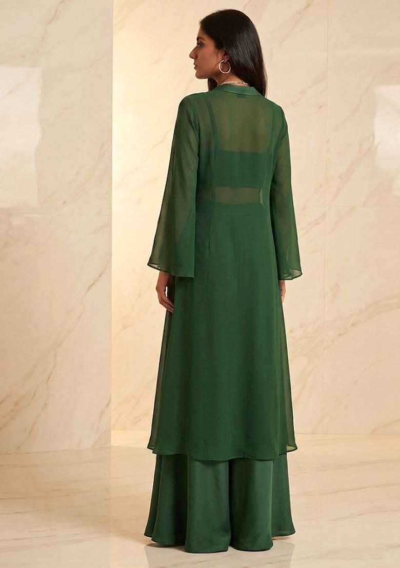 Dark Green Embroidered Handwork Fusion Set - Indya